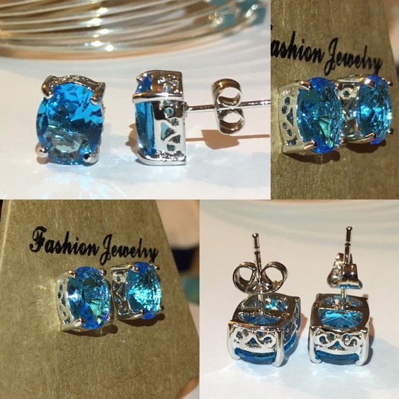 Luxurious 2ct Blue Topaz 925 Sterling Silver Oval Stud Handmade Earrings - Picture 6 of 10